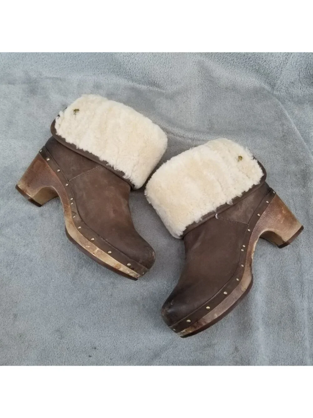 UGG Shoes Womens Size 7 Lynnea Brown Leather Shearling Wood Sole Boots *Read*
